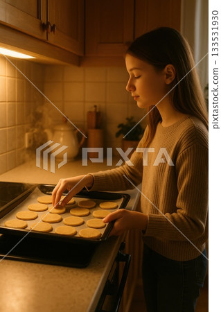 Girl placing unbaked cookies on a tray in a warmly lit kitchen. this image conveys home baking, cozy routine and peaceful domestic creativity 133531930