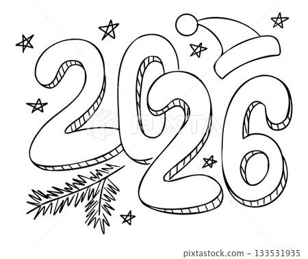 Bold 2026 numbers with festive stars, fir branches and a Santa hat create a cheerful holiday outline illustration. The concept highlights new year celebration, winter season and festive decoration Bold 2026 numbers with festive stars, fir branches and a Santa hat create a cheerful holiday outline illustration. The concept highlights new year celebration, winter season and festive decoration 133531935