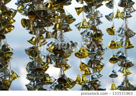 Close up of brass handbells in the temple, Thailand 133531963