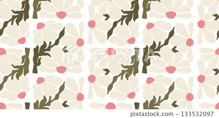 Organic Floral Seamless Pattern. Groovy Chamomile Flower Folk on White Background. Ornament in trendy retro hippie 60s 70s. Abstract Contemporary Aesthetic. Vector horizontal Illustration. Not AI Organic Floral Seamless Pattern. Groovy Chamomile Flower Folk on White Background. Ornament in trendy retro hippie 60s 70s. Abstract Contemporary Aesthetic. Vector horizontal Illustration. Not AI 133532097