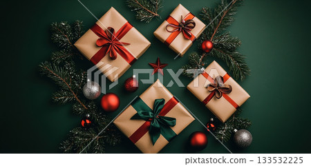Gift boxes with bows on green background and festive holiday decorations 133532225