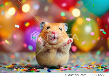Hamster with confetti and balloons in festive party atmosphere 133532228