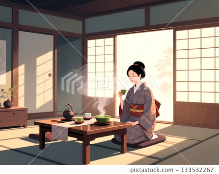 Japanese Woman in Kimono Performing Traditional Tea Ceremony in Sunny Room Japanese Woman in Kimono Performing Traditional Tea Ceremony in Sunny Room 133532267