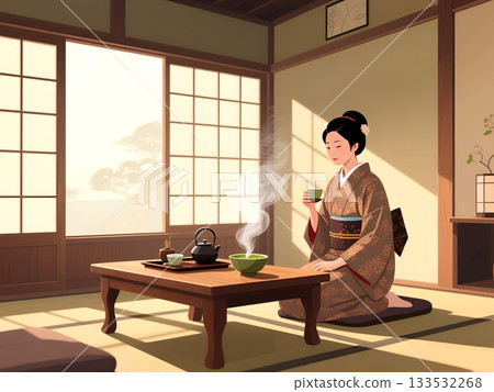 Japanese Woman Performing Traditional Tea Ceremony in Serene Interior Japanese Woman Performing Traditional Tea Ceremony in Serene Interior 133532268