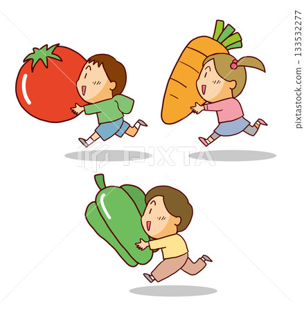 Children running with large vegetables 133532277