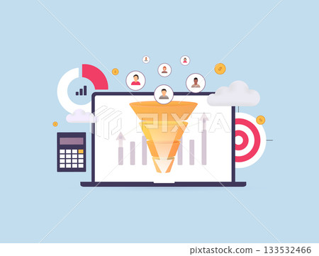 Conversion funnel analytics driving lead growth with clear data insights on laptop screen supported by user profiles charts and target elements for efficient business performance vector illustration Conversion funnel analytics driving lead growth with clear data insights on laptop screen supported by user profiles charts and target elements for efficient business performance vector illustration 133532466