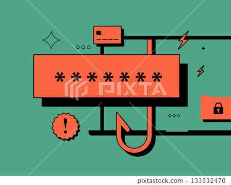 Phishing attack steals credentials. Phishing attack hooks password fields and credit cards with sneaky bait in bold flat duotone vector illustration for 2026 cybersecurity awareness illustration 133532470