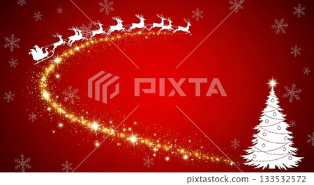 Glowing light trails, Santa Claus' sleigh and white Christmas tree on a red background Glowing light trails, Santa Claus' sleigh and white Christmas tree on a red background 133532572