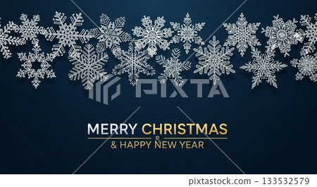 深藍色背景上飄落的雪花，祝您聖誕快樂，新年快樂！ 133532579