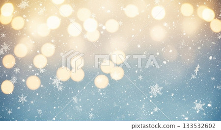 A fantastic night with a dark background, golden light bokeh and dancing snowflakes 133532602