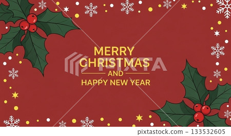 Christmas banner with holly, snowflakes and gold lettering on a red background 133532605