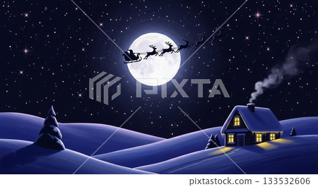 Christmas scenery at night with a full moon, snowy scenery, and Santa Claus' sleigh flying 133532606
