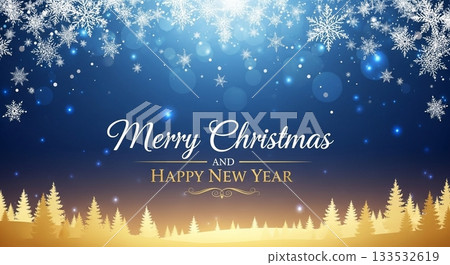 聖誕橫幅點綴著雪花、散景燈光和閃閃發光的杉樹剪影，映襯著蔚藍的夜空。 133532619