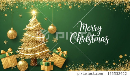一條華麗的橫幅，上面繪有金色的聖誕樹和閃閃發光的禮物，背景是深綠色。 133532622