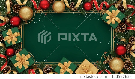 深綠色背景上的一框聖誕禮物和裝飾品 133532633