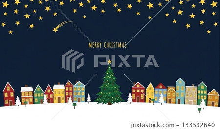 Illustration of a snowy cityscape, Christmas trees, and a night sky with a shining shooting star Illustration of a snowy cityscape, Christmas trees, and a night sky with a shining shooting star 133532640