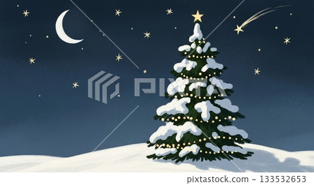 Snow-covered hills and shining stars in the night sky, a tranquil Christmas night landscape Snow-covered hills and shining stars in the night sky, a tranquil Christmas night landscape 133532653