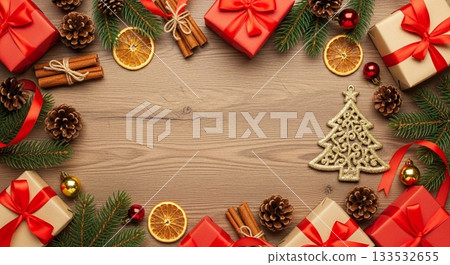 Warm Christmas frame with gift boxes and ornaments on wooden background 133532655