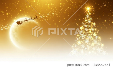 一棵金色的聖誕樹和聖誕老人奔跑在月亮上 133532661