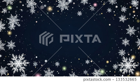 Fluttering snowflakes and light frame on a deep blue background 133532665