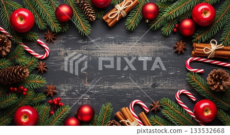 Christmas frame on wooden background decorated with fir branches, cinnamon and candy canes 133532668