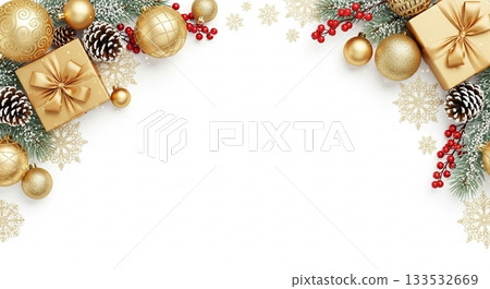 Golden gift boxes and Christmas ornaments arranged in a row on a white background Golden gift boxes and Christmas ornaments arranged in a row on a white background 133532669