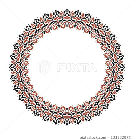 Ethnic round frame border pattern. Circular frame with an intricate, repeating ornamental pattern in black, burnt orange. Decorative border, with delicate floral, swirl motifs traditional aesthetic. Ethnic round frame border pattern. Circular frame with an intricate, repeating ornamental pattern in black, burnt orange. Decorative border, with delicate floral, swirl motifs traditional aesthetic. 133532975