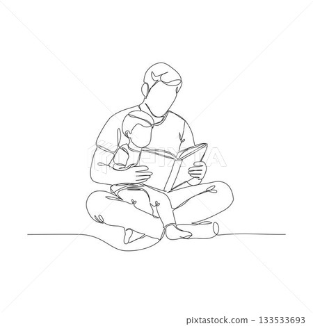 A continuous one-line illustration of a father figure sitting and reading a book together with his young son A continuous one-line illustration of a father figure sitting and reading a book together with his young son 133533693