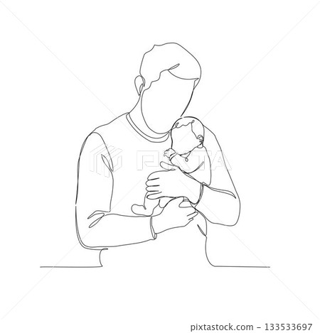 A continuous one-line illustration of a loving father figure holding his baby in a tender embrace A continuous one-line illustration of a loving father figure holding his baby in a tender embrace 133533697