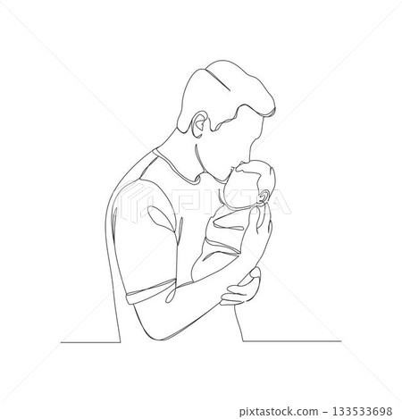 A continuous one-line illustration of a loving father figure holding his baby and kissing them on the forehead A continuous one-line illustration of a loving father figure holding his baby and kissing them on the forehead 133533698