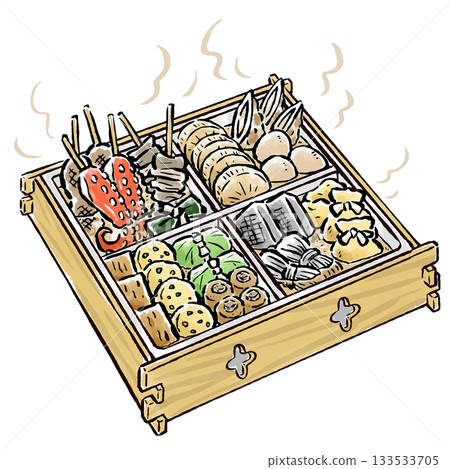 Oden simmered in a square oden pot - hand-drawn brush illustration 133533705