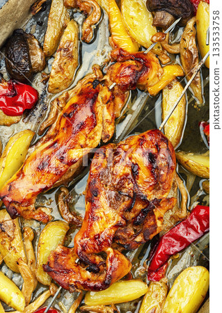 Grilled chicken skewers, barbecue. Grilled chicken skewers, barbecue. 133533758