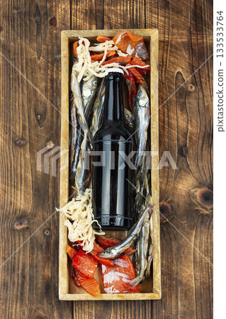 Unfiltered beer and with dried fish and squid. Unfiltered beer and with dried fish and squid. 133533764