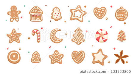 Vector set of Christmas gingerbread in cartoon flat style. Holiday cookies - christmas tree, gingerbread man, star, house, heart isolated on white background Vector set of Christmas gingerbread in cartoon flat style. Holiday cookies - christmas tree, gingerbread man, star, house, heart isolated on white background 133533800