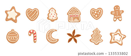 Vector set of Christmas gingerbread in cartoon flat style. Holiday cookies - christmas tree, gingerbread man, star, house, heart isolated on white background 133533802