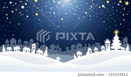 繁星點點的藍色夜空和白雪皚皚的城市輪廓。 133533812