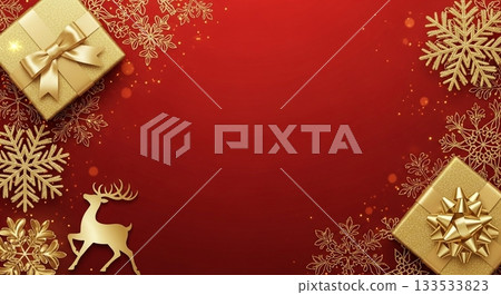 深紅色背景上的金色雪花、馴鹿和禮物圖案的裝飾邊框 深紅色背景上的金色雪花、馴鹿和禮物圖案的裝飾邊框 133533823