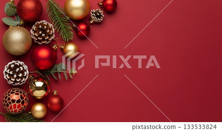 紅色背景上的松果、金色和紅色聖誕裝飾品 133533824