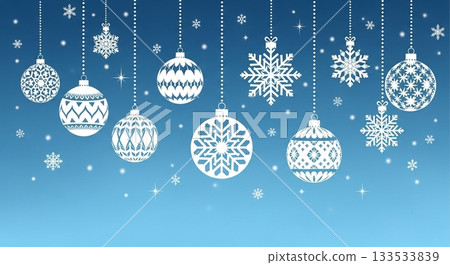 Snowflake-patterned Christmas ornaments lined up on a blue background Snowflake-patterned Christmas ornaments lined up on a blue background 133533839