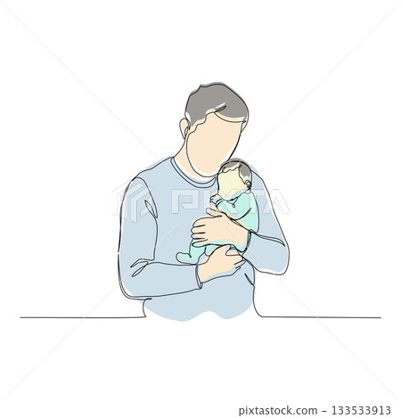 Flat Color Line Art Illustration of a Father Holding a Baby Flat Color Line Art Illustration of a Father Holding a Baby 133533913