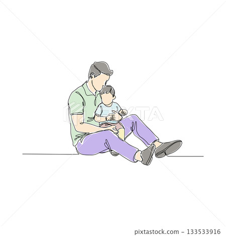 Flat Color Line Art Illustration of a Father and Child Sitting 133533916