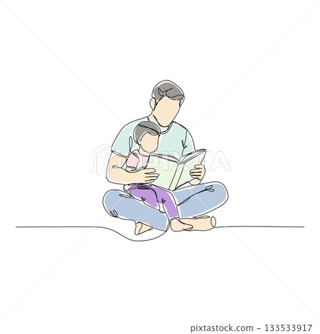 Flat Color Line Art Illustration of a Father and Child Reading a Book 133533917