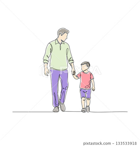 Flat Color Line Art Illustration of a Father and Son Walking 133533918