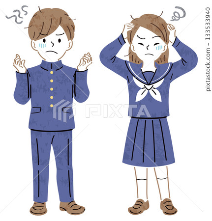 Illustration of male and female students in uniforms with anxiety and worries, full body 133533940