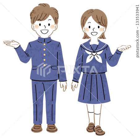 Illustration of male and female students in uniforms smiling and posing to guide and introduce. Full body 133533941