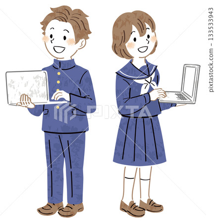 Illustration of male and female students in uniforms using laptops, full body Illustration of male and female students in uniforms using laptops, full body 133533943