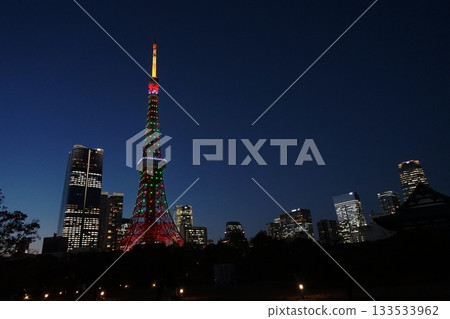 Tokyo Tower and buildings at night, decorated with Christmas tree colors. November, Minato Ward. 2194. Tokyo Tower and Shiba Park, decorated with Christmas tree colors. Tokyo Tower and buildings at night, decorated with Christmas tree colors. November, Minato Ward. 2194. Tokyo Tower and Shiba Park, decorated with Christmas tree colors. 133533962