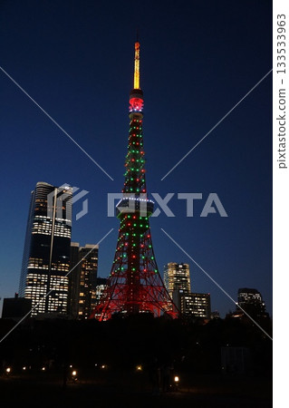 Tokyo Tower and buildings at night, decorated with Christmas tree colors. November, Minato Ward. 2195. Tokyo Tower and Shiba Park, decorated with Christmas tree colors. Tokyo Tower and buildings at night, decorated with Christmas tree colors. November, Minato Ward. 2195. Tokyo Tower and Shiba Park, decorated with Christmas tree colors. 133533963