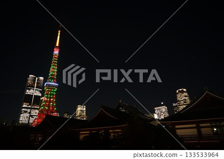 Tokyo Tower and buildings at night, decorated with Christmas tree colors. November, Minato Ward. 2196. Tokyo Tower and Shiba Park, decorated with Christmas tree colors. Tokyo Tower and buildings at night, decorated with Christmas tree colors. November, Minato Ward. 2196. Tokyo Tower and Shiba Park, decorated with Christmas tree colors. 133533964