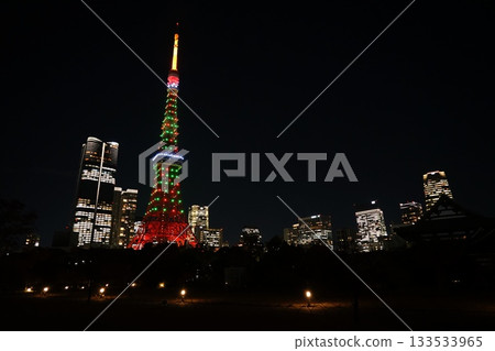 夜幕下的東京鐵塔和建築物，裝飾著聖誕樹的色彩。 11月，港區。 2197年。東京鐵塔和芝公園，裝飾著聖誕樹的色彩。 133533965